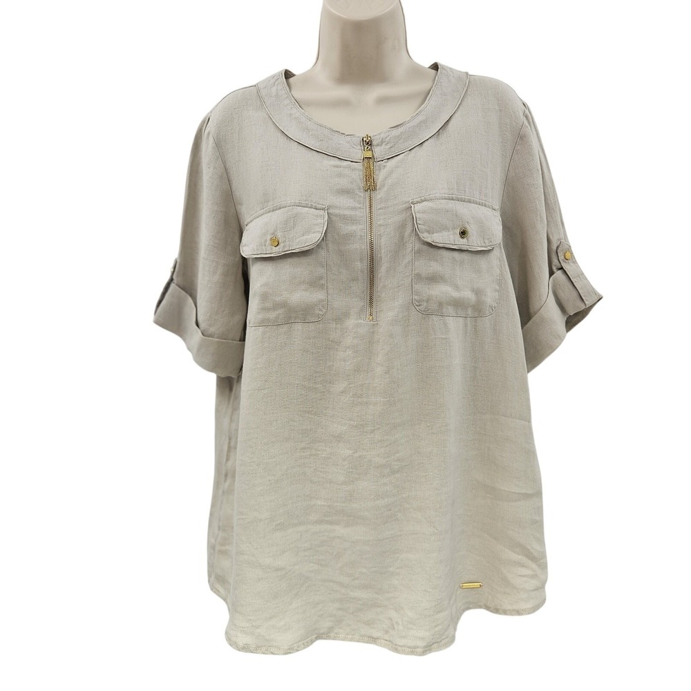 Ellen Tracy Top Women M Linen Utility Blouse Short Sleeve Pockets Boxy Beachy